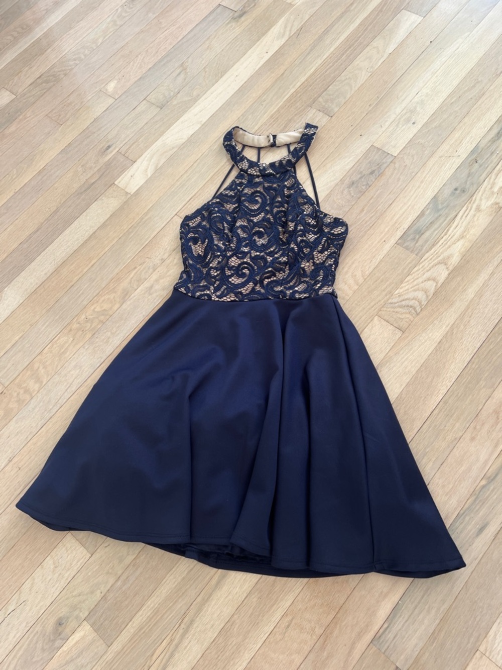 B Darlin Navy Lace Halter Dress with Flared Skirt